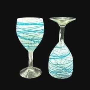 Vintage Mexican Hand Blown Aqua White Swirl Wine Glasses Set of 2